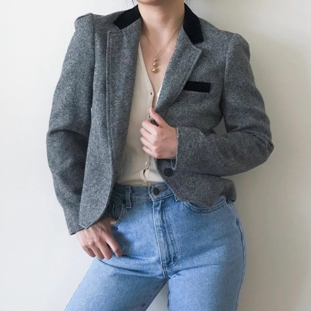 Vintage PERSONAL II Tweed  Wool Blazer Minimalist Gray Fitted Style No Tag M/L?